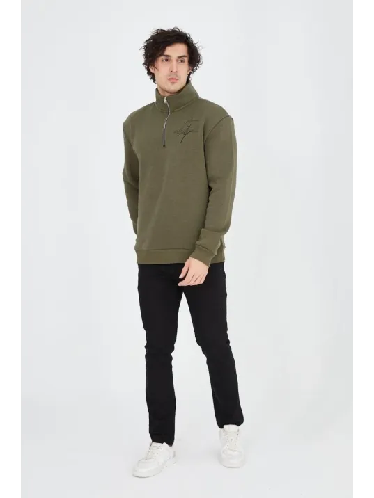 Erkek Yarım Fermuarlı Baskılı Sweat - Yeşil Erkek Yarım Fermuarlı Baskılı Sweat - Yeşil
