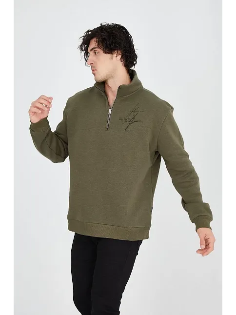 Erkek Yarım Fermuarlı Baskılı Sweat - Yeşil