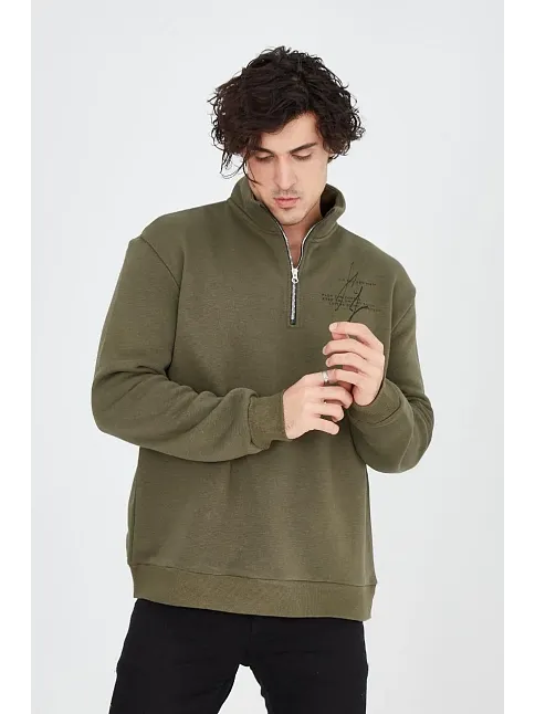 Erkek Yarım Fermuarlı Baskılı Sweat - Yeşil