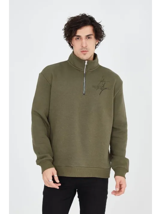 Erkek Yarım Fermuarlı Baskılı Sweat - Yeşil