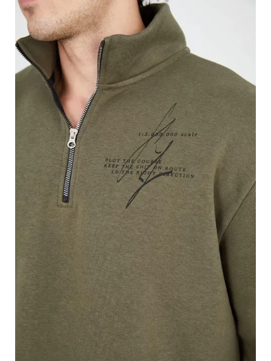 Erkek Yarım Fermuarlı Baskılı Sweat - Yeşil