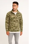 Erkek Yarım Fermuarlı Desenli Polar Sweat – Haki Kamuflaj Yakalı, Uzun Kollu, Oversize Rahat Kalıp - Haki