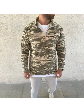Erkek Yarım Fermuarlı Desenli Polar Sweat – Haki Kamuflaj Yakalı, Uzun Kollu, Oversize Rahat Kalıp - Haki Erkek Yarım Fermuarlı Desenli Polar Sweat – Haki Kamuflaj Yakalı, Uzun Kollu, Oversize Rahat Kalıp - Haki