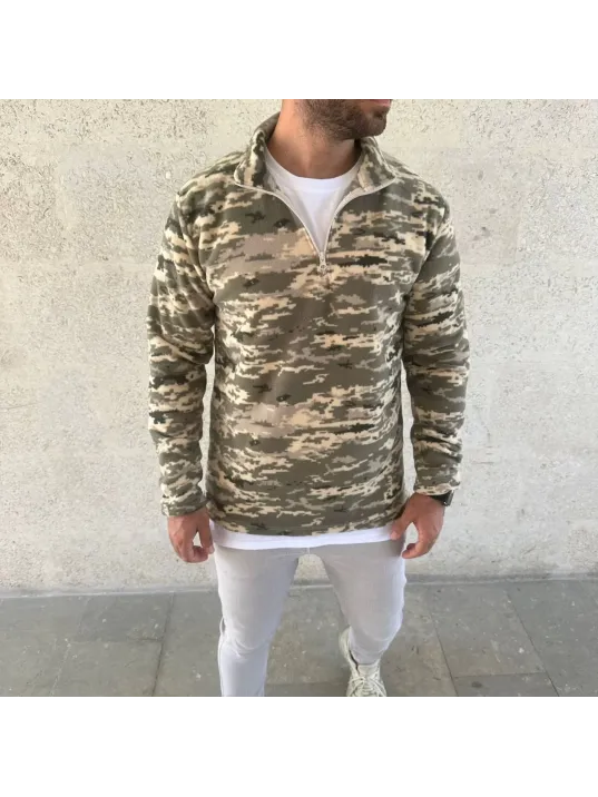 Erkek Yarım Fermuarlı Desenli Polar Sweat – Haki Kamuflaj Yakalı, Uzun Kollu, Oversize Rahat Kalıp - Haki Erkek Yarım Fermuarlı Desenli Polar Sweat – Haki Kamuflaj Yakalı, Uzun Kollu, Oversize Rahat Kalıp - Haki