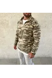 Erkek Yarım Fermuarlı Desenli Polar Sweat – Haki Kamuflaj Yakalı, Uzun Kollu, Oversize Rahat Kalıp - Haki