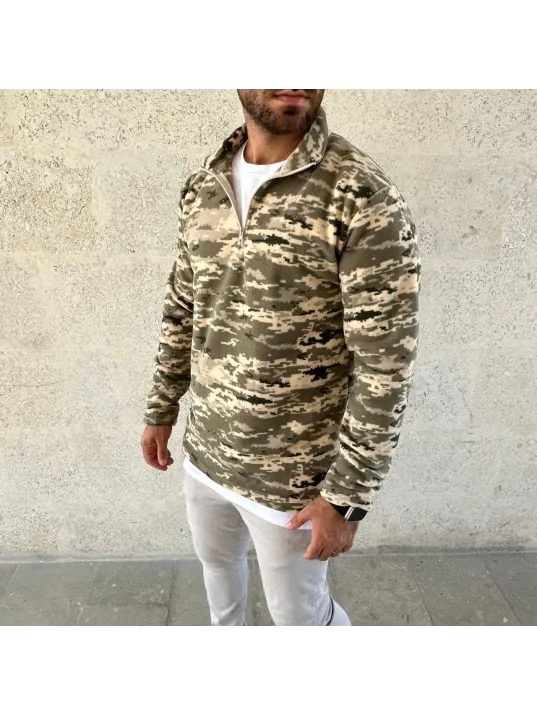 Erkek Yarım Fermuarlı Desenli Polar Sweat – Haki Kamuflaj Yakalı, Uzun Kollu, Oversize Rahat Kalıp - Haki Erkek Yarım Fermuarlı Desenli Polar Sweat – Haki Kamuflaj Yakalı, Uzun Kollu, Oversize Rahat Kalıp - Haki