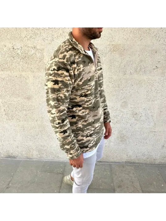 Erkek Yarım Fermuarlı Desenli Polar Sweat – Haki Kamuflaj Yakalı, Uzun Kollu, Oversize Rahat Kalıp - Haki Erkek Yarım Fermuarlı Desenli Polar Sweat – Haki Kamuflaj Yakalı, Uzun Kollu, Oversize Rahat Kalıp - Haki