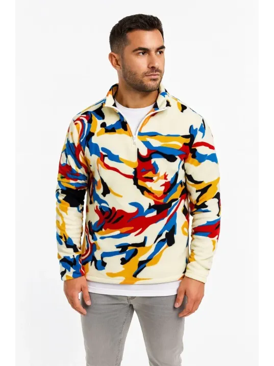 Erkek Yarım Fermuarlı Desenli Polar Sweat – Renkli Abstract Desen Yakalı, Uzun Kollu, Oversize Rahat Kalıp, - Beyaz Erkek Yarım Fermuarlı Desenli Polar Sweat – Renkli Abstract Desen Yakalı, Uzun Kollu, Oversize Rahat Kalıp, - Beyaz