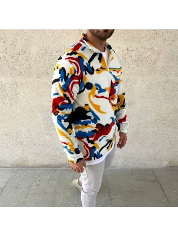 Erkek Yarım Fermuarlı Desenli Polar Sweat – Renkli Abstract Desen Yakalı, Uzun Kollu, Oversize Rahat Kalıp, - Beyaz Erkek Yarım Fermuarlı Desenli Polar Sweat – Renkli Abstract Desen Yakalı, Uzun Kollu, Oversize Rahat Kalıp, - Beyaz