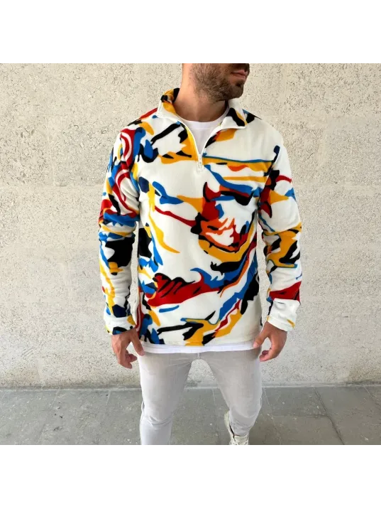 Erkek Yarım Fermuarlı Desenli Polar Sweat – Renkli Abstract Desen Yakalı, Uzun Kollu, Oversize Rahat Kalıp, - Beyaz Erkek Yarım Fermuarlı Desenli Polar Sweat – Renkli Abstract Desen Yakalı, Uzun Kollu, Oversize Rahat Kalıp, - Beyaz