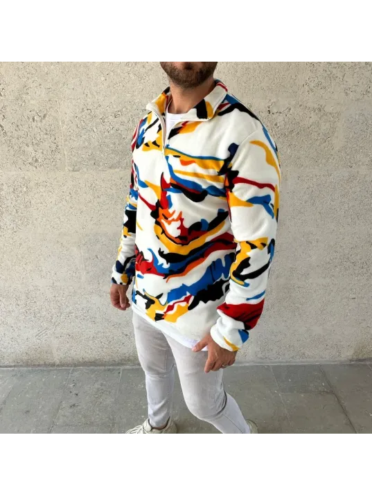 Erkek Yarım Fermuarlı Desenli Polar Sweat – Renkli Abstract Desen Yakalı, Uzun Kollu, Oversize Rahat Kalıp, - Beyaz Erkek Yarım Fermuarlı Desenli Polar Sweat – Renkli Abstract Desen Yakalı, Uzun Kollu, Oversize Rahat Kalıp, - Beyaz