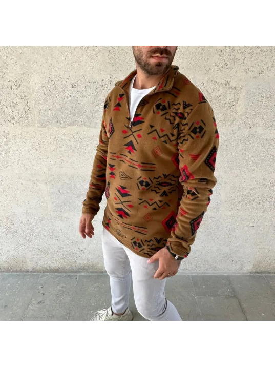 Erkek Yarım Fermuarlı Desenli Polar Sweat Tribal Etnik Desen Yakalı, Uzun Kollu, Oversize Rahat Kalıp, - Kahverengi Erkek Yarım Fermuarlı Desenli Polar Sweat Tribal Etnik Desen Yakalı, Uzun Kollu, Oversize Rahat Kalıp, - Kahverengi