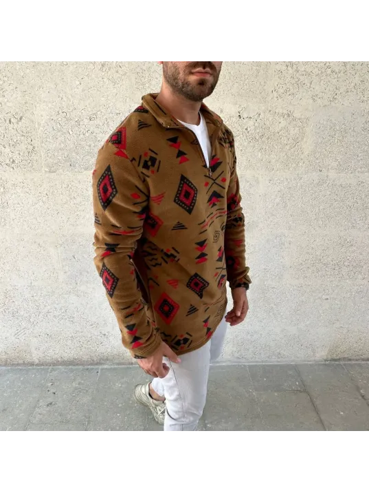 Erkek Yarım Fermuarlı Desenli Polar Sweat Tribal Etnik Desen Yakalı, Uzun Kollu, Oversize Rahat Kalıp, - Kahverengi Erkek Yarım Fermuarlı Desenli Polar Sweat Tribal Etnik Desen Yakalı, Uzun Kollu, Oversize Rahat Kalıp, - Kahverengi