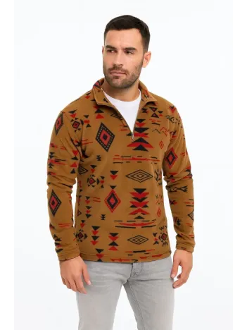 Erkek Yarım Fermuarlı Desenli Polar Sweat Tribal Etnik Desen Yakalı, Uzun Kollu, Oversize Rahat Kalıp, - Kahverengi Erkek Yarım Fermuarlı Desenli Polar Sweat Tribal Etnik Desen Yakalı, Uzun Kollu, Oversize Rahat Kalıp, - Kahverengi