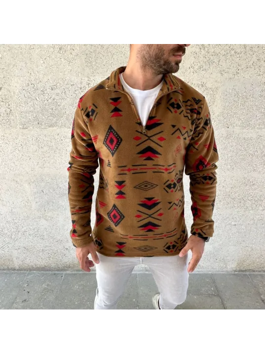 Erkek Yarım Fermuarlı Desenli Polar Sweat Tribal Etnik Desen Yakalı, Uzun Kollu, Oversize Rahat Kalıp, - Kahverengi Erkek Yarım Fermuarlı Desenli Polar Sweat Tribal Etnik Desen Yakalı, Uzun Kollu, Oversize Rahat Kalıp, - Kahverengi