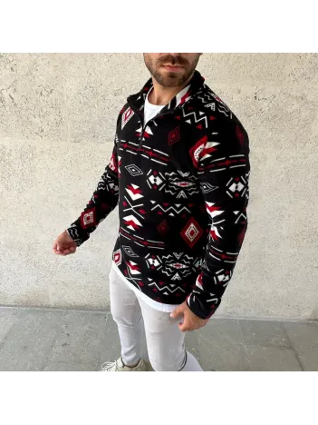 Erkek Yarım Fermuarlı Desenli Polar Sweat Tribal Etnik Desen Yakalı, Uzun Kollu, Oversize Rahat Kalıp, - Siyah Erkek Yarım Fermuarlı Desenli Polar Sweat Tribal Etnik Desen Yakalı, Uzun Kollu, Oversize Rahat Kalıp, - Siyah