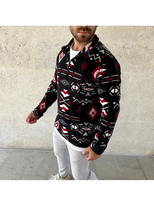 Erkek Yarım Fermuarlı Desenli Polar Sweat Tribal Etnik Desen Yakalı, Uzun Kollu, Oversize Rahat Kalıp, - Siyah