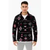 Erkek Yarım Fermuarlı Desenli Polar Sweat Tribal Etnik Desen Yakalı, Uzun Kollu, Oversize Rahat Kalıp, - Siyah