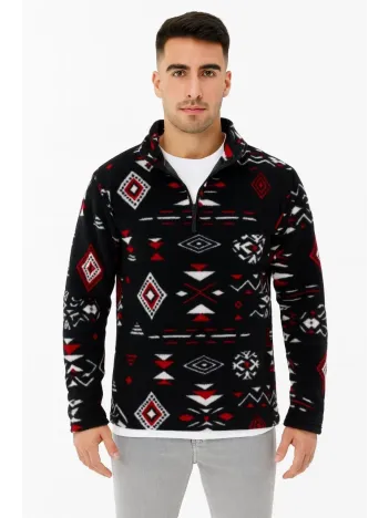 Erkek Yarım Fermuarlı Desenli Polar Sweat Tribal Etnik Desen Yakalı, Uzun Kollu, Oversize Rahat Kalıp, - Siyah Erkek Yarım Fermuarlı Desenli Polar Sweat Tribal Etnik Desen Yakalı, Uzun Kollu, Oversize Rahat Kalıp, - Siyah