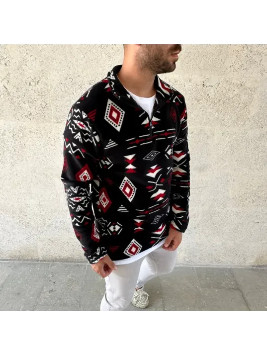 Erkek Yarım Fermuarlı Desenli Polar Sweat Tribal Etnik Desen Yakalı, Uzun Kollu, Oversize Rahat Kalıp, - Siyah