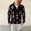 Erkek Yarım Fermuarlı Desenli Polar Sweat Tribal Etnik Desen Yakalı, Uzun Kollu, Oversize Rahat Kalıp, - Siyah