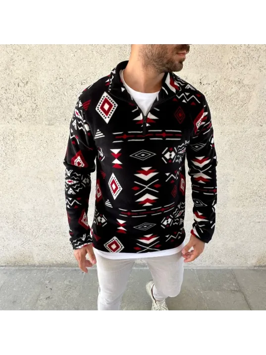 Erkek Yarım Fermuarlı Desenli Polar Sweat Tribal Etnik Desen Yakalı, Uzun Kollu, Oversize Rahat Kalıp, - Siyah