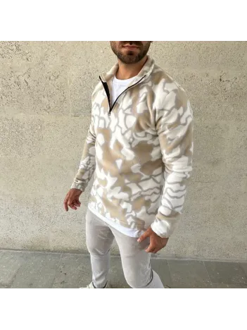 Erkek Yarım Fermuarlı Desenli Polar Sweat Yakalı, Uzun Kollu, Oversize Rahat Kalıp - Bej Erkek Yarım Fermuarlı Desenli Polar Sweat Yakalı, Uzun Kollu, Oversize Rahat Kalıp - Bej