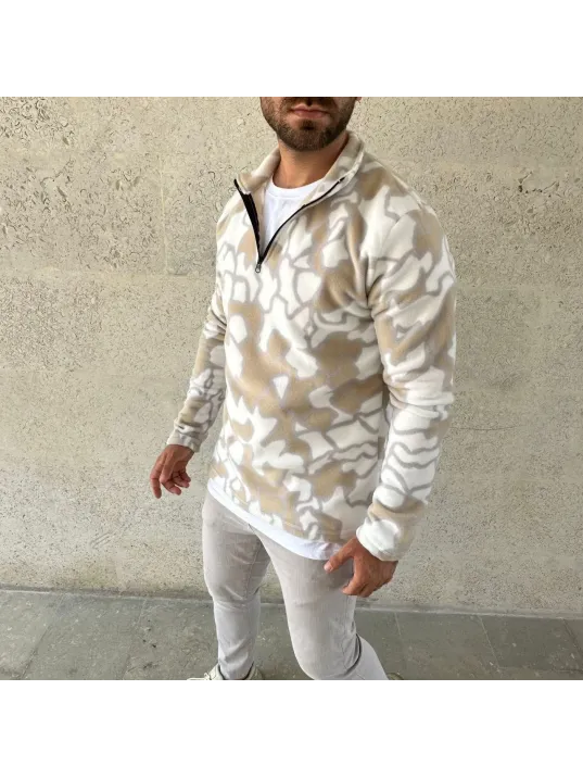 Erkek Yarım Fermuarlı Desenli Polar Sweat Yakalı, Uzun Kollu, Oversize Rahat Kalıp - Bej Erkek Yarım Fermuarlı Desenli Polar Sweat Yakalı, Uzun Kollu, Oversize Rahat Kalıp - Bej