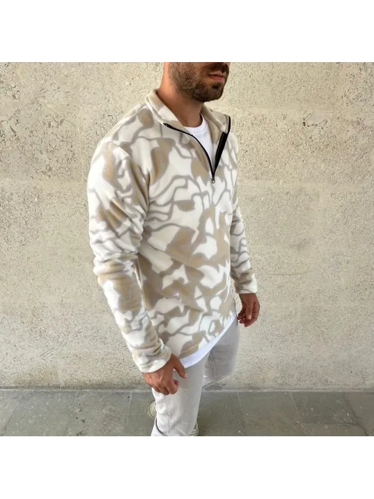 Erkek Yarım Fermuarlı Desenli Polar Sweat Yakalı, Uzun Kollu, Oversize Rahat Kalıp - Bej Erkek Yarım Fermuarlı Desenli Polar Sweat Yakalı, Uzun Kollu, Oversize Rahat Kalıp - Bej