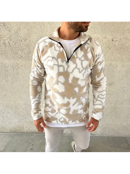 Erkek Yarım Fermuarlı Desenli Polar Sweat Yakalı, Uzun Kollu, Oversize Rahat Kalıp - Bej Erkek Yarım Fermuarlı Desenli Polar Sweat Yakalı, Uzun Kollu, Oversize Rahat Kalıp - Bej