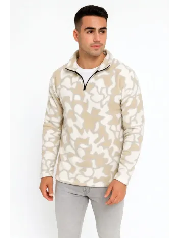 Erkek Yarım Fermuarlı Desenli Polar Sweat Yakalı, Uzun Kollu, Oversize Rahat Kalıp - Bej Erkek Yarım Fermuarlı Desenli Polar Sweat Yakalı, Uzun Kollu, Oversize Rahat Kalıp - Bej