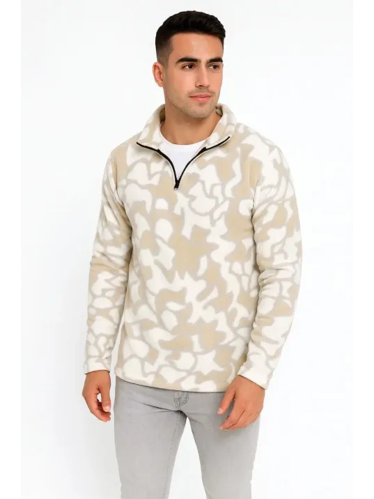 Erkek Yarım Fermuarlı Desenli Polar Sweat Yakalı, Uzun Kollu, Oversize Rahat Kalıp - Bej Erkek Yarım Fermuarlı Desenli Polar Sweat Yakalı, Uzun Kollu, Oversize Rahat Kalıp - Bej