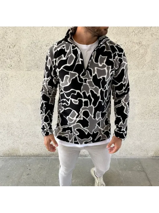 Erkek Yarım Fermuarlı Desenli Polar Sweat Yakalı, Uzun Kollu, Oversize Rahat Kalıp - Siyah Erkek Yarım Fermuarlı Desenli Polar Sweat Yakalı, Uzun Kollu, Oversize Rahat Kalıp - Siyah
