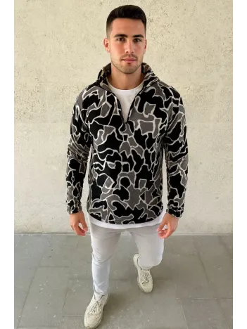Erkek Yarım Fermuarlı Desenli Polar Sweat Yakalı, Uzun Kollu, Oversize Rahat Kalıp - Siyah Erkek Yarım Fermuarlı Desenli Polar Sweat Yakalı, Uzun Kollu, Oversize Rahat Kalıp - Siyah