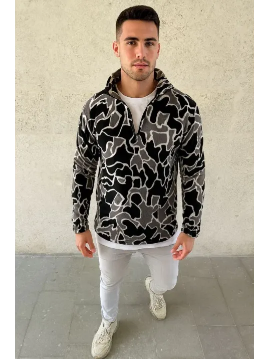 Erkek Yarım Fermuarlı Desenli Polar Sweat Yakalı, Uzun Kollu, Oversize Rahat Kalıp - Siyah Erkek Yarım Fermuarlı Desenli Polar Sweat Yakalı, Uzun Kollu, Oversize Rahat Kalıp - Siyah