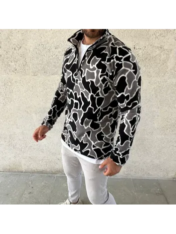 Erkek Yarım Fermuarlı Desenli Polar Sweat Yakalı, Uzun Kollu, Oversize Rahat Kalıp - Siyah Erkek Yarım Fermuarlı Desenli Polar Sweat Yakalı, Uzun Kollu, Oversize Rahat Kalıp - Siyah