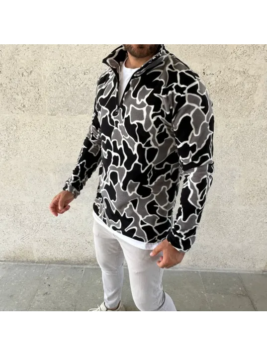 Erkek Yarım Fermuarlı Desenli Polar Sweat Yakalı, Uzun Kollu, Oversize Rahat Kalıp - Siyah Erkek Yarım Fermuarlı Desenli Polar Sweat Yakalı, Uzun Kollu, Oversize Rahat Kalıp - Siyah
