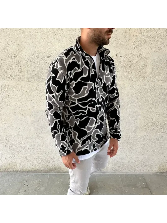 Erkek Yarım Fermuarlı Desenli Polar Sweat Yakalı, Uzun Kollu, Oversize Rahat Kalıp - Siyah Erkek Yarım Fermuarlı Desenli Polar Sweat Yakalı, Uzun Kollu, Oversize Rahat Kalıp - Siyah