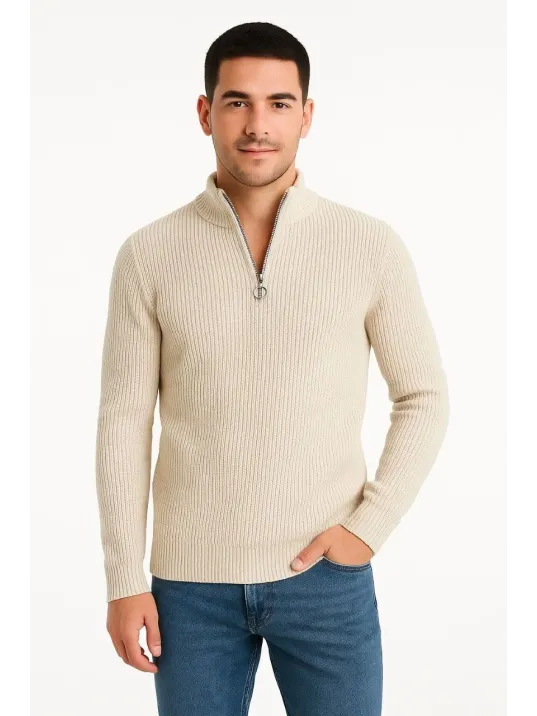 Erkek Yarım Fermuarlı Triko Kazak – Selanik Örgü, Dik Yaka, Pamuklu Dokuma, Regular Fit Uzun Kollu Kışlık Model - Bej