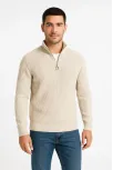 Erkek Yarım Fermuarlı Triko Kazak – Selanik Örgü, Dik Yaka, Pamuklu Dokuma, Regular Fit Uzun Kollu Kışlık Model - Bej