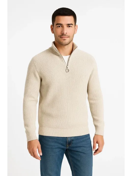 Erkek Yarım Fermuarlı Triko Kazak – Selanik Örgü, Dik Yaka, Pamuklu Dokuma, Regular Fit Uzun Kollu Kışlık Model - Bej