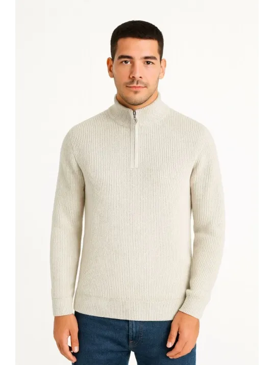 Erkek Yarım Fermuarlı Triko Kazak – Selanik Örgü, Dik Yaka, Pamuklu Dokuma, Regular Fit Uzun Kollu Kışlık Model - Bej