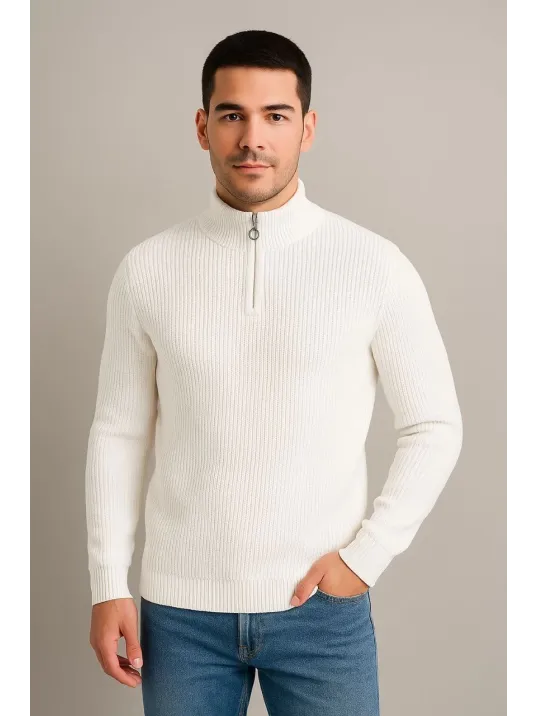 Erkek Yarım Fermuarlı Triko Kazak – Selanik Örgü, Dik Yaka, Pamuklu Dokuma, Regular Fit Uzun Kollu Kışlık Model - Beyaz