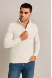 Erkek Yarım Fermuarlı Triko Kazak – Selanik Örgü, Dik Yaka, Pamuklu Dokuma, Regular Fit Uzun Kollu Kışlık Model - Beyaz