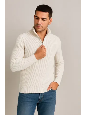 Erkek Yarım Fermuarlı Triko Kazak – Selanik Örgü, Dik Yaka, Pamuklu Dokuma, Regular Fit Uzun Kollu Kışlık Model - Beyaz Erkek Yarım Fermuarlı Triko Kazak – Selanik Örgü, Dik Yaka, Pamuklu Dokuma, Regular Fit Uzun Kollu Kışlık Model - Beyaz