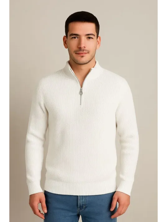 Erkek Yarım Fermuarlı Triko Kazak – Selanik Örgü, Dik Yaka, Pamuklu Dokuma, Regular Fit Uzun Kollu Kışlık Model - Beyaz