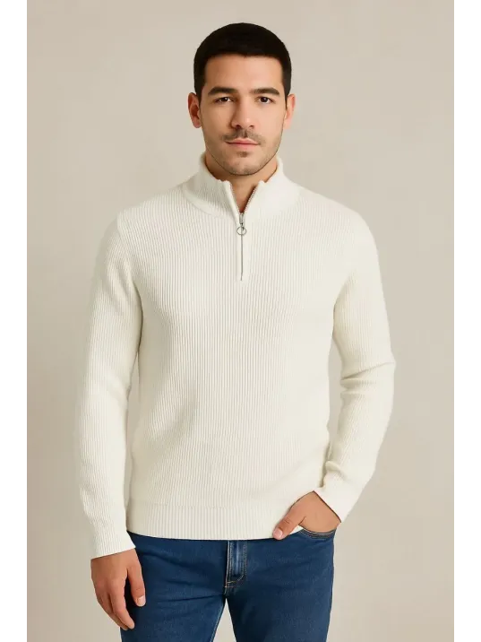 Erkek Yarım Fermuarlı Triko Kazak – Selanik Örgü, Dik Yaka, Pamuklu Dokuma, Regular Fit Uzun Kollu Kışlık Model - Beyaz