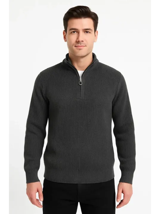 Erkek Yarım Fermuarlı Triko Kazak – Selanik Örgü, Dik Yaka, Pamuklu Dokuma, Regular Fit Uzun Kollu Kışlık Model - Füme Erkek Yarım Fermuarlı Triko Kazak – Selanik Örgü, Dik Yaka, Pamuklu Dokuma, Regular Fit Uzun Kollu Kışlık Model - Füme