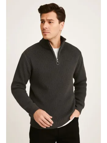 Erkek Yarım Fermuarlı Triko Kazak – Selanik Örgü, Dik Yaka, Pamuklu Dokuma, Regular Fit Uzun Kollu Kışlık Model - Füme