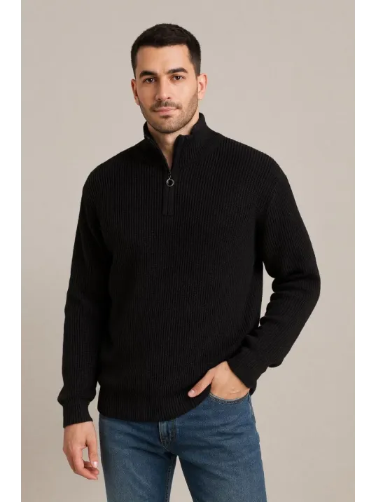 Erkek Yarım Fermuarlı Triko Kazak – Selanik Örgü, Dik Yaka, Pamuklu Dokuma, Regular Fit Uzun Kollu Kışlık Model - Siyah
